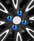 Close-up of car wheel with 17mm 20 Piece Wheel Nut Cap Set Anti Rust Protection Covers for Car Wheel Nuts and Hubs in blue.
