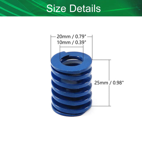 Heavy Duty 3D Printer Die Spring with 20mm Outer Diameter and 10mm Inner Diameter 25mm Long Free Length Light Load Spiral Compression Mold Die Spring with size details, blue tone, for mechanical equipment, two pack.