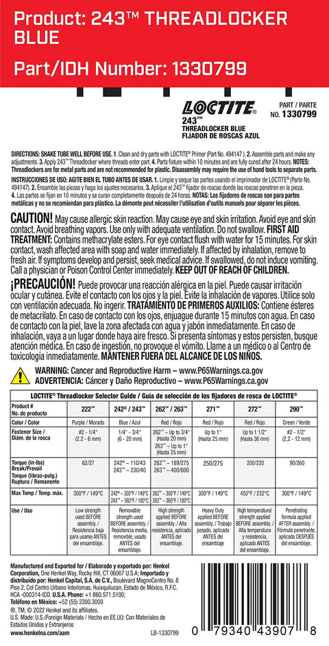 Back label of Blue 243 Oil-Resistant Threadlocker for Automotive Applications, Medium-Strength Anaerobic Adhesive for Metal Fasteners, 6 ml Tube