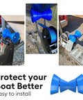 Three Inch Boat Trailer Bow Stop Roller With One Half Inch Shaft Blue Non Marking Non Scratch Bow Roller installed on boat trailers
