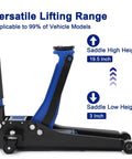 Side view of Low Profile 3 Ton Hydraulic Floor Jack With Dual Piston Quick Lift For Cars Trucks SUVs GarveeTech Lift Range From 3 Inches Up To Nineteen And A Half Inches Heavy Duty Steel Construction Blue showing lift range 3 to 19.5 inches.