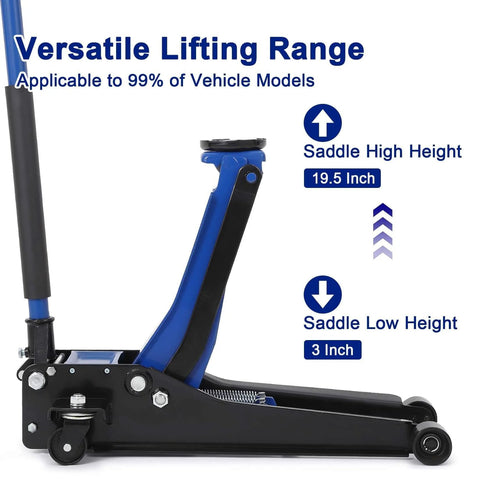 Side view of Low Profile 3 Ton Hydraulic Floor Jack With Dual Piston Quick Lift For Cars Trucks SUVs GarveeTech Lift Range From 3 Inches Up To Nineteen And A Half Inches Heavy Duty Steel Construction Blue showing lift range 3 to 19.5 inches.