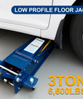 Heavy Duty 3 Ton Floor Jack With Low Profile Design lifting a car, showing hydraulic steel construction and rubber saddle.
