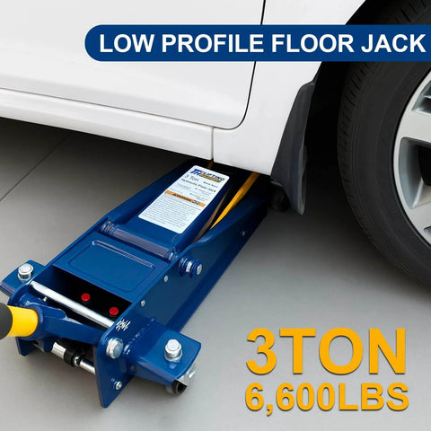 Heavy Duty 3 Ton Floor Jack With Low Profile Design lifting a car, showing hydraulic steel construction and rubber saddle.