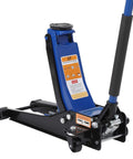 Low Profile 3 Ton Hydraulic Floor Jack With Dual Piston Quick Lift For Cars Trucks SUVs GarveeTech Lift Range From 3 Inches Up To Nineteen And A Half Inches Heavy Duty Steel Construction Blue on white background.