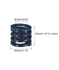 Two Blue 30mm Die Springs for 3D Printer Molding 30mm-long spring with closed end for light load compression performance, showing dimensions.