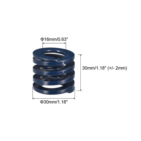 Two Blue 30mm Die Springs for 3D Printer Molding 30mm-long spring with closed end for light load compression performance, showing dimensions.