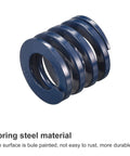 Close-up of a blue 30mm die spring made from spring steel for 3D printer molding and electric components, showing spiral design and stamping.