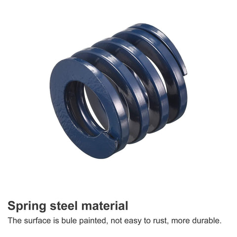 Close-up of a blue 30mm die spring made from spring steel for 3D printer molding and electric components, showing spiral design and stamping.