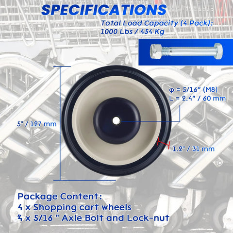 4 Pack 5 Inch Shopping Cart Wheels With Axles Bolts Blue Polyurethane Caster Set Replacement For Cart Heavy Duty 250 Lb Per Wheel 1000 Lb Total Capacity Universal Fit For Most Carts Durable product specifications with wheel dimensions and bolt image.