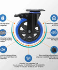 Close-up of 6 Inch Heavy Duty Caster Wheels Set of 4 with safety dual locking brakes and polyurethane foam silent wheels.