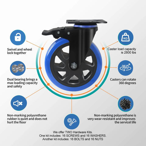 Close-up of 6 Inch Heavy Duty Caster Wheels Set of 4 with safety dual locking brakes and polyurethane foam silent wheels.