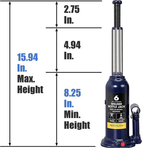 Front view of Beefed Up 6 Ton Hydraulic Bottle Jack For Cars Trucks And SUVs By Torin with height measurements displayed.