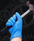 Blue 6 Mil Heavy Duty Nitrile Gloves holding a hammer, showing textured grip, powder-free latex-free, suitable for tough tasks