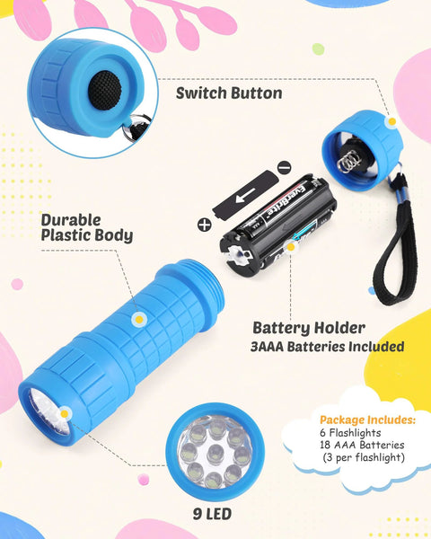 9-LED Flashlight 6-Pack With Lanyards In Assorted Colors, Includes 18 AAA Batteries, Ready To Use Out Of The Box, flashlight details