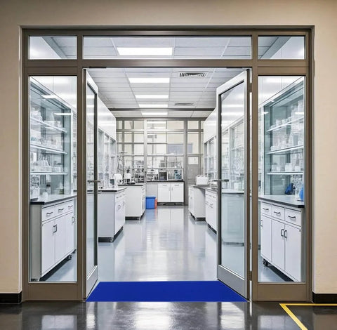 Blue adhesive sticky floor mat 24 by 36 inches installed at lab entrance, traps dirt in high traffic areas, 12 pack for construction sites, cleanrooms.