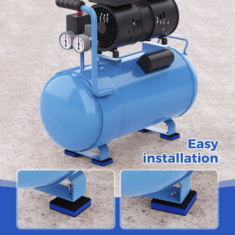 Blue air compressor with black motor and pressure gauges, featuring easy installation pads on concrete surface