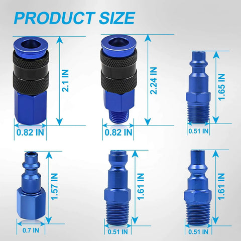 Product size dimensions for 15 Piece Air Hose Fittings Kit With One Quarter Inch Universal Air Couplers And Industrial Air Plugs