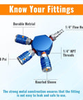 3 Way Air Hose Splitter, 1/4 Inch Quick Connect Manifold With 2 M-Style Couplers And 1 Industrial Air Plug, Blue Finish