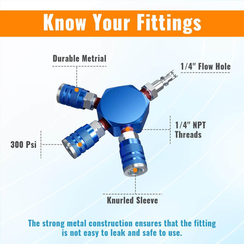 3 Way Air Hose Splitter, 1/4 Inch Quick Connect Manifold With 2 M-Style Couplers And 1 Industrial Air Plug, Blue Finish