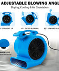 Powerful Half Horsepower Air Mover For Fast Carpet Drying And Floor Drying With 2200 CFM Air Flow Lightweight Design For Home Garage And Job Site Use Two Speed Settings By Mounto showing 3 adjustable angles and rubber feet.