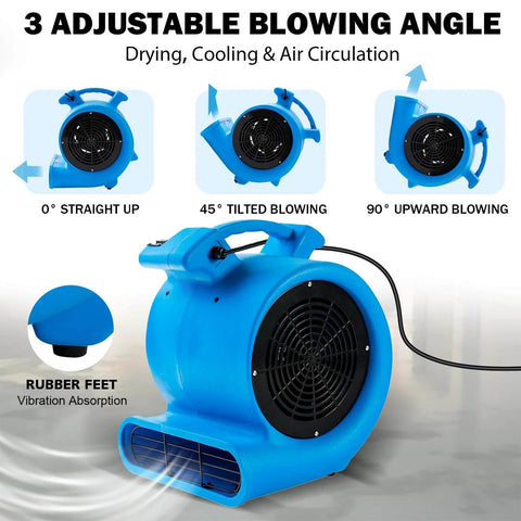 Powerful Half Horsepower Air Mover For Fast Carpet Drying And Floor Drying With 2200 CFM Air Flow Lightweight Design For Home Garage And Job Site Use Two Speed Settings By Mounto showing 3 adjustable angles and rubber feet.