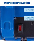 Close-up of Portable 1/5 HP, 870 CFM Mini Axial Air Mover Fan control panel with speed settings, blue, model MA-870