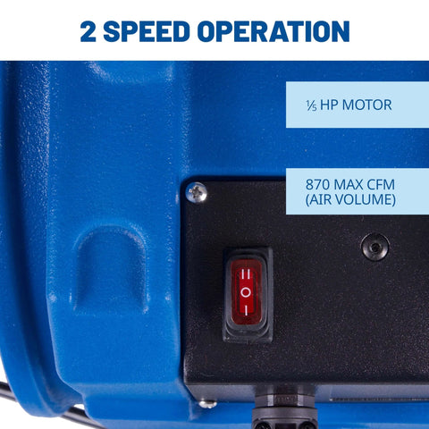 Close-up of Portable 1/5 HP, 870 CFM Mini Axial Air Mover Fan control panel with speed settings, blue, model MA-870
