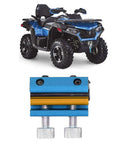 Blue aluminum portable motorcycle cable lubrication tool with sealed end lubricator clamp for ATVs, shown below a blue ATV.
