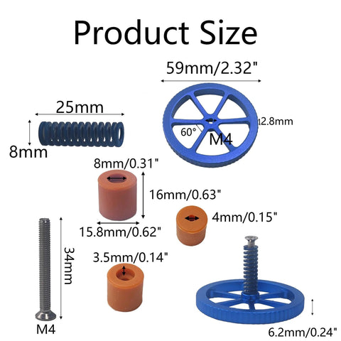 Product size diagram of Blue Aluminum Leveling Nut Set With Hot Bed Springs, M4 Screws, And Silicone Leveling Columns For Ender printers