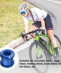 Cyclist riding bike with inset of Blue M8 aluminum chainring bolt, CNC precision, anodized finish for chainrings and brake discs
