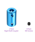 Blue aluminum 1/4 to 1/4 rigid shaft couplings, Two Pack, with 8 M4 screws for secure, low backlash 1/4 inch connections.