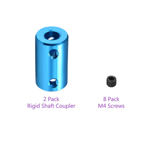 Blue aluminum 1/4 to 1/4 rigid shaft couplings, Two Pack, with 8 M4 screws for secure, low backlash 1/4 inch connections.