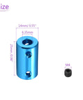 Size dimensions of blue aluminum 1/4 to 1/4 rigid shaft couplings, two pack, with M4 set screw, for 3D printers and DIY robotics.