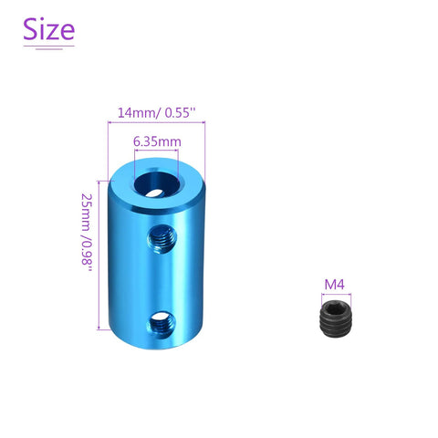 Size dimensions of blue aluminum 1/4 to 1/4 rigid shaft couplings, two pack, with M4 set screw, for 3D printers and DIY robotics.