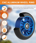 Close-up of 100mm pro scooter replacement wheel with aluminum alloy rim and anti-lock bearings, blue, 88A PU tire.
