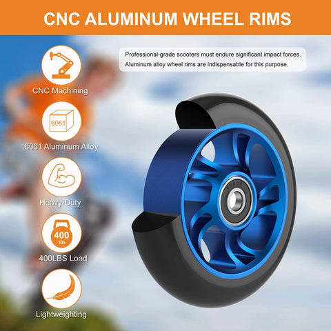 Close-up of 100mm pro scooter replacement wheel with aluminum alloy rim and anti-lock bearings, blue, 88A PU tire.