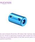 Blue aluminum 1/4 to 1/4 rigid shaft coupling for 3D printers and DIY robotics, shown in side view, highlighting its compact design.