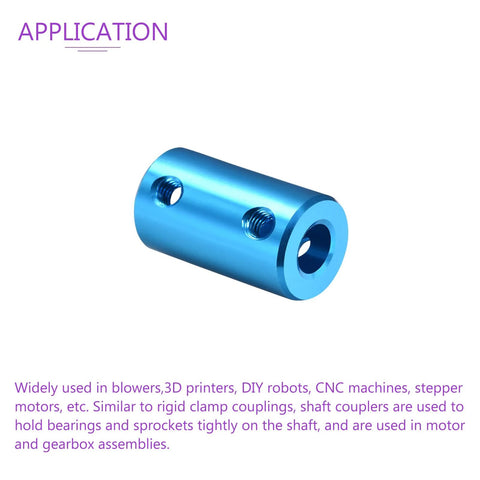 Blue aluminum 1/4 to 1/4 rigid shaft coupling for 3D printers and DIY robotics, shown in side view, highlighting its compact design.