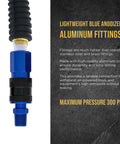 Close-up of 12 Piece Industrial IM Type Plug Air Fittings Set With One Quarter Inch NPT Male Threads, blue anodized finish.