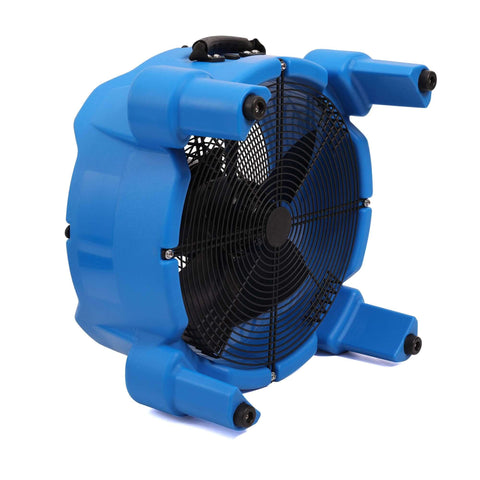 Heavy Duty 3000 CFM Axial Air Mover Blower Fan For Drying, Cooling And Ventilation, Lightweight 25 Pound Portable Unit With One Quarter HP 115V Motor, Low Amp Draw From MOUNTO, shown in blue with side view
