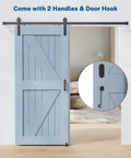 Sliding Barn Door Hardware Kit - 5 FT Heavy Duty Steel Rail Farm Door Hardware Kits Interior Barns Doors Slide Track Roller Set with Handle/Latch/Floor Guide for Garages/Kitchen/Bedroom (Black) installed on light blue barn door with door hook and handles visible
