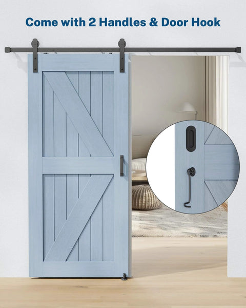 Sliding Barn Door Hardware Kit - 5 FT Heavy Duty Steel Rail Farm Door Hardware Kits Interior Barns Doors Slide Track Roller Set with Handle/Latch/Floor Guide for Garages/Kitchen/Bedroom (Black) installed on light blue barn door with door hook and handles visible