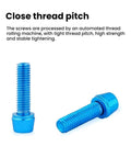 Close-up of two blue titanium bolts with hex heads showing thread pitch for stability, similar to SUKOUSRAM M5*18mm bicycle stem bolts.