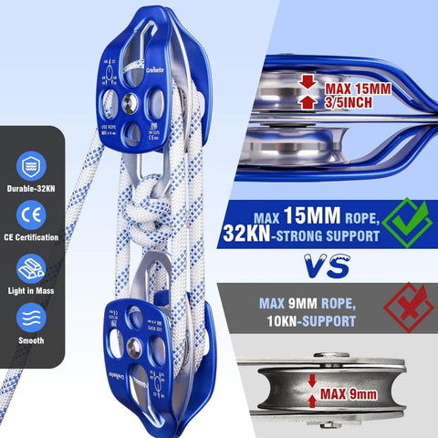 Heavy-Duty Double Block and Tackle Pulley System - 100Ft x 1/2'' Rope, 7700 LB(35KN) Breaking Strength, 4:1 Lifting Ratio