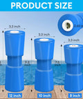 Illustration showing sizes of blue bow rollers for boat trailers: 12 inch, 10 inch, and focus 8" Heavy Duty Marine Keel Roller.