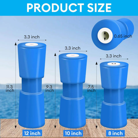 Illustration showing sizes of blue bow rollers for boat trailers: 12 inch, 10 inch, and focus 8" Heavy Duty Marine Keel Roller.