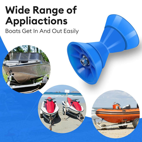 Three Inch Boat Trailer Bow Stop Roller With One Half Inch Shaft Blue Non Marking Non Scratch Bow Roller For Boat Trailers Built Tough And Durable To Keep Your Boat Safe During Launch Docking And Towing, shown in blue with wide range of boat applications.