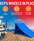 Heavy Duty Boat Trailer And RV Wheel Chocks 2 Pack With Rope And Rubber Pads For Travel Trailers And Fifth Wheel RVs To Stop Wheels From Rolling And Make Leveling A Breeze, shown secure on a dock next to a boat.