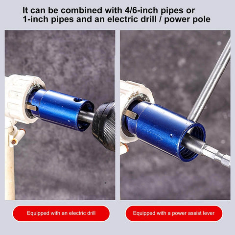 Bolt Extraction Drill Attachment Be The Go To Tool For Quick Emergency Repairs With 3 Size Adaptability, shown in use with pipes.